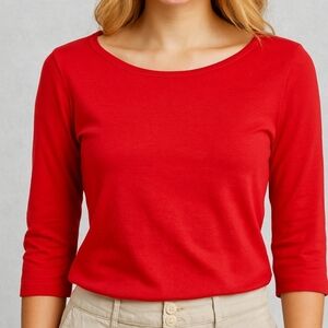 Talbots Red Pima Cotton 3/4 Length Sleeve Bateau Neck Tee